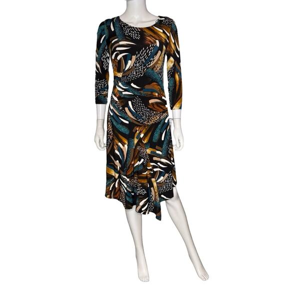 Robbie Bee Petite 3/4-Sleeve Asymmetrical-Hem Dress Teal Multi Women’s Sz PM - Picture 3 of 10